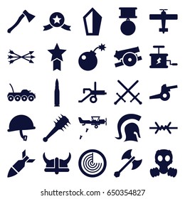 War icons set. set of 25 war filled icons such as radar, bomb, rocket bomb, dynamite, knight, arrow bow, helmet, axe weapon, mace, cannon, wire fence, gas mask, medal
