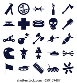 War icons set. set of 25 war filled icons such as radar, bomb, medical cross, rocket bomb, skull, smoke bomb, arrow bow, catapult, axe weapon, mace, wire fence, medal, flag