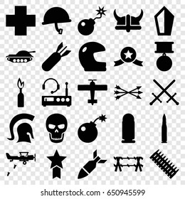 War icons set. set of 25 war filled icons such as bomb, medical cross, rocket bomb, skull, knight, arrow bow, helmet, wire fence, listening device, medal, war helmet, bullet