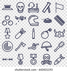 War icons set. set of 25 war outline icons such as radar, bomb, rocket bomb, skull, helmet, mace, axe weapon, canon ball, wire fence, listening device, gas mask, medal, flag