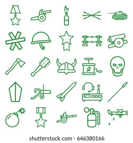 War icons set. set of 25 war outline icons such as bomb, dynamite, skull, arrow bow, helmet, mace, spear, axe weapon, cannon, wire fence, listening device, medal, war helmet