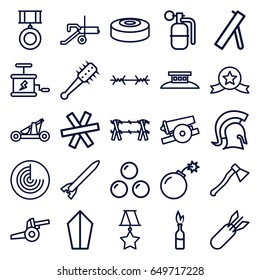 War icons set. set of 25 war outline icons such as radar, bomb, rocket bomb, dynamite, smoke bomb, knight, catapult, mace, axe weapon, cannon, canon ball, wire fence, medal