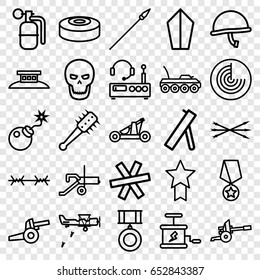 War icons set. set of 25 war outline icons such as radar, bomb, dynamite, skull, smoke bomb, arrow bow, catapult, mace, spear, wire fence, listening device, medal, cannon