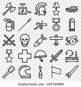 War icons set. set of 25 war outline icons such as medical cross, rocket bomb, dynamite, skull, knight, sword, axe weapon, mace, spear, cannon, listening device, medal, flag