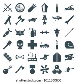War icons. set of 36 editable filled war icons such as radar, sword, bomb, medical cross, medal with star, rocket bomb, dynamite, skull, arrow bow, catapult, helmet