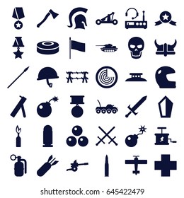 War icons set. set of 36 war filled icons such as radar, bomb, medical cross, rocket bomb, dynamite, skull, smoke bomb, knight, sword, catapult, helmet, spear, axe weapon