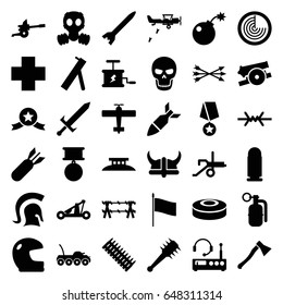 War icons set. set of 36 war filled icons such as radar, medical cross, bomb, rocket bomb, dynamite, skull, smoke bomb, knight, sword, arrow bow, catapult, helmet, mace