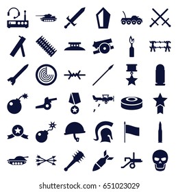 War icons set. set of 36 war filled icons such as radar, bomb, rocket bomb, skull, smoke bomb, knight, sword, arrow bow, mace, spear, cannon, wire fence, listening device