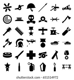 War icons set. set of 36 war filled icons such as radar, medical cross, rocket bomb, dynamite, smoke bomb, knight, catapult, axe weapon, mace, spear, cannon, wire fence