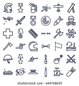 War icons set. set of 36 war outline icons such as radar, bomb, medical cross, rocket bomb, dynamite, knight, sword, arrow bow, axe weapon, cannon, wire fence