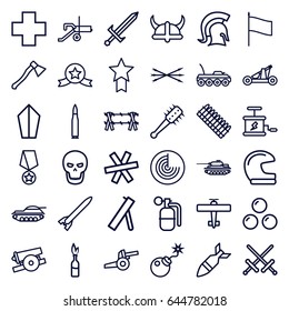 War icons set. set of 36 war outline icons such as radar, bomb, medical cross, rocket bomb, dynamite, skull, knight, sword, arrow bow, catapult, helmet, mace, axe weapon