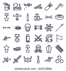 War icons set. set of 36 war outline icons such as rocket bomb, dynamite, skull, smoke bomb, knight, sword, arrow bow, catapult, helmet, spear, axe weapon, canon ball