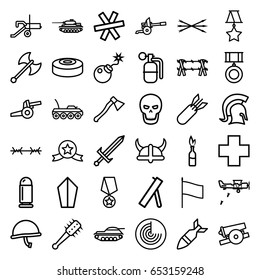 War icons set. set of 36 war outline icons such as radar, bomb, medical cross, rocket bomb, dynamite, skull, smoke bomb, knight, sword, arrow bow, helmet, axe weapon, mace