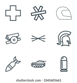 War icons. set of 9 editable outline war icons such as medical cross, rocket bomb, knight, arrow bow, cannon, wire fence, bullet, tank