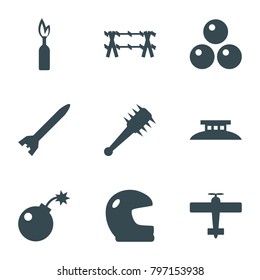 War icons. set of 9 editable filled war icons such as helmet, bomb, mace, canon ball, wire fence, rocket bomb, plane