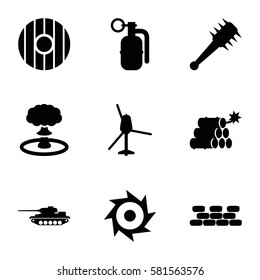 War icons set. Set of 9 War filled icons such as dynamite, explosion, shield, mace, saw, tank, helicopter