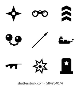 War icons set. Set of 9 War filled icons such as explosion, spear, compass, rank, binoculars, water military, submachine gun, headstone