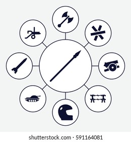war icons set. Set of 9 war filled icons such as axe weapon, spear, cannon, wire fence, rocket bomb, tank