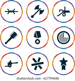War icons set. set of 9 war filled icons such as radar, axe weapon, mace, wire fence, cannon