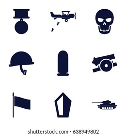 War icons set. set of 9 war filled icons such as skull, cannon, medal, flag, war helmet, bullet, tank, military plane