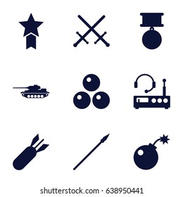 War icons set. set of 9 war filled icons such as bomb, rocket bomb, spear, canon ball, listening device, medal, tank, medal with star