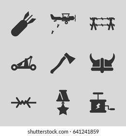 War icons set. set of 9 war filled icons such as rocket bomb, dynamite, catapult, helmet, axe weapon, wire fence, medal