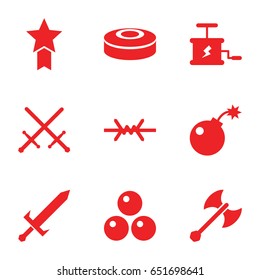 War icons set. set of 9 war filled icons such as bomb, dynamite, smoke bomb, sword, axe weapon, canon ball, wire fence