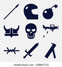 War icons set. set of 9 war filled icons such as bomb, skull, sword, helmet, spear, wire fence, cannon