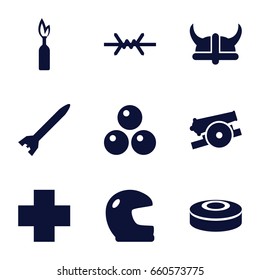 War icons set. set of 9 war filled icons such as medical cross, smoke bomb, helmet, cannon, canon ball, wire fence, rocket bomb