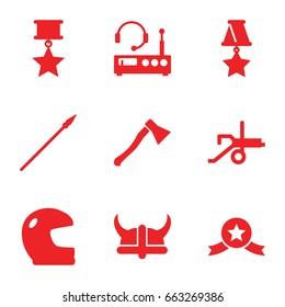 War icons set. set of 9 war filled icons such as helmet, spear, axe weapon, listening device, medal, cannon