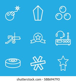 war icons set. Set of 9 war outline icons such as bomb, smoke bomb, canon ball, wire fence, listening device, cannon, medal with star
