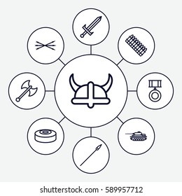 war icons set. Set of 9 war outline icons such as smoke bomb, sword, arrow bow, helmet, axe weapon, spear, medal, ammo