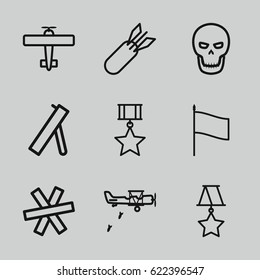 War icons set. set of 9 war outline icons such as rocket bomb, skull, wire fence, medal, flag, cannon, plane, military plane