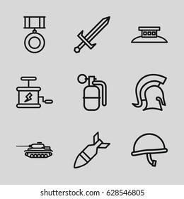 War icons set. set of 9 war outline icons such as rocket bomb, dynamite, knight, sword, wire fence, medal, war helmet