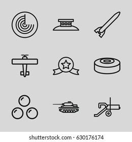 War icons set. set of 9 war outline icons such as radar, smoke bomb, canon ball, wire fence, rocket bomb, tank, plane, cannon