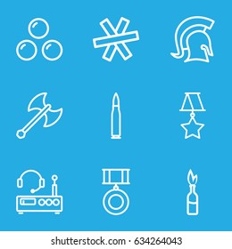War icons set. set of 9 war outline icons such as knight, axe weapon, cannon ball, wire fence, listening device, medal, bullet