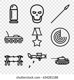 War icons set. set of 9 war outline icons such as radar, skull, spear, wire fence, medal, bullet, military car, tank