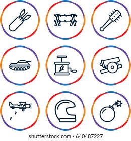 War icons set. set of 9 war outline icons such as bomb, rocket bomb, dynamite, mace, cannon, wire fence, tank, military plane
