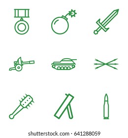 War icons set. set of 9 war outline icons such as bomb, sword, arrow bow, mace, medal, cannon, bullet