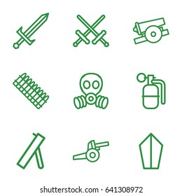 War icons set. set of 9 war outline icons such as dynamite, sword, cannon, gas mask