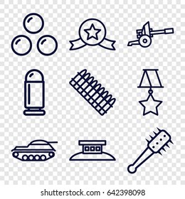 War icons set. set of 9 war outline icons such as mace, canon ball, wire fence, medal, cannon, bullet, ammo, tank