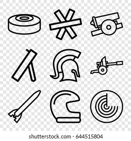 War icons set. set of 9 war outline icons such as radar, smoke bomb, knight, cannon, wire fence, rocket bomb