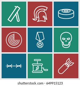 War icons set. set of 9 war outline icons such as radar, rocket bomb, dynamite, skull, smoke bomb, knight, wire fence, cannon
