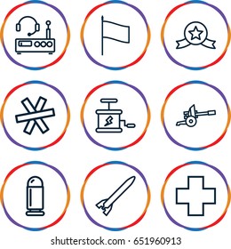 War icons set. set of 9 war outline icons such as medical cross, dynamite, wire fence, listening device, flag, cannon, bullet, rocket bomb