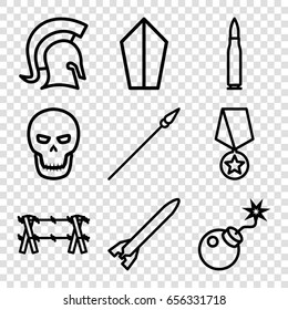 War icons set. set of 9 war outline icons such as bomb, skull, knight, spear, wire fence, bullet, rocket bomb, medal with star