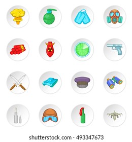 War icons set in cartoon style. Military equipment set collection vector illustration
