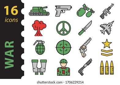 War icons set in color. Linear army symbols. Vector illustration in a flat style.