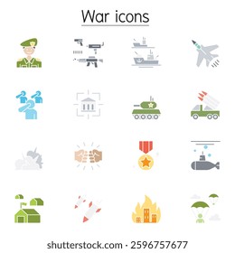 War icons set in flat color style