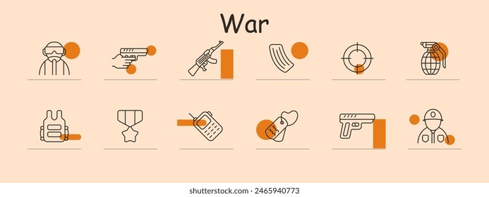 War icons set. Includes soldier, gun, rifle, bullets, target, grenade, vest, medal, dog tags, radio, helmet. Represents military, combat, defense, weapons, tactics, honor, and bravery.