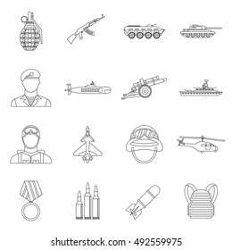 War icons set in outline style. Military equipment set collection vector illustration